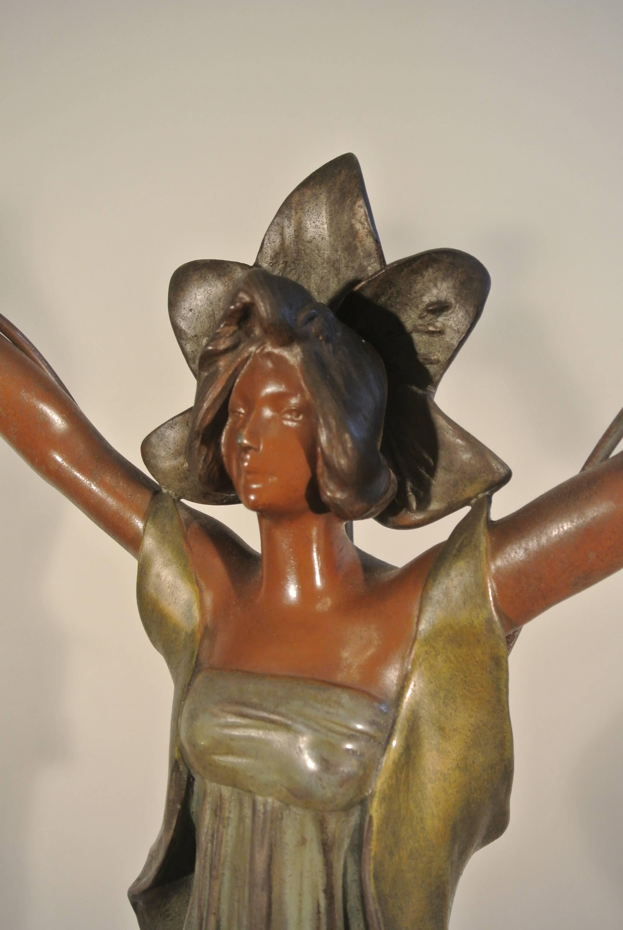 Art Nouveau In Cold Painted Metal, 'Lady of Lilies' Signed J. Causse, circa 1900