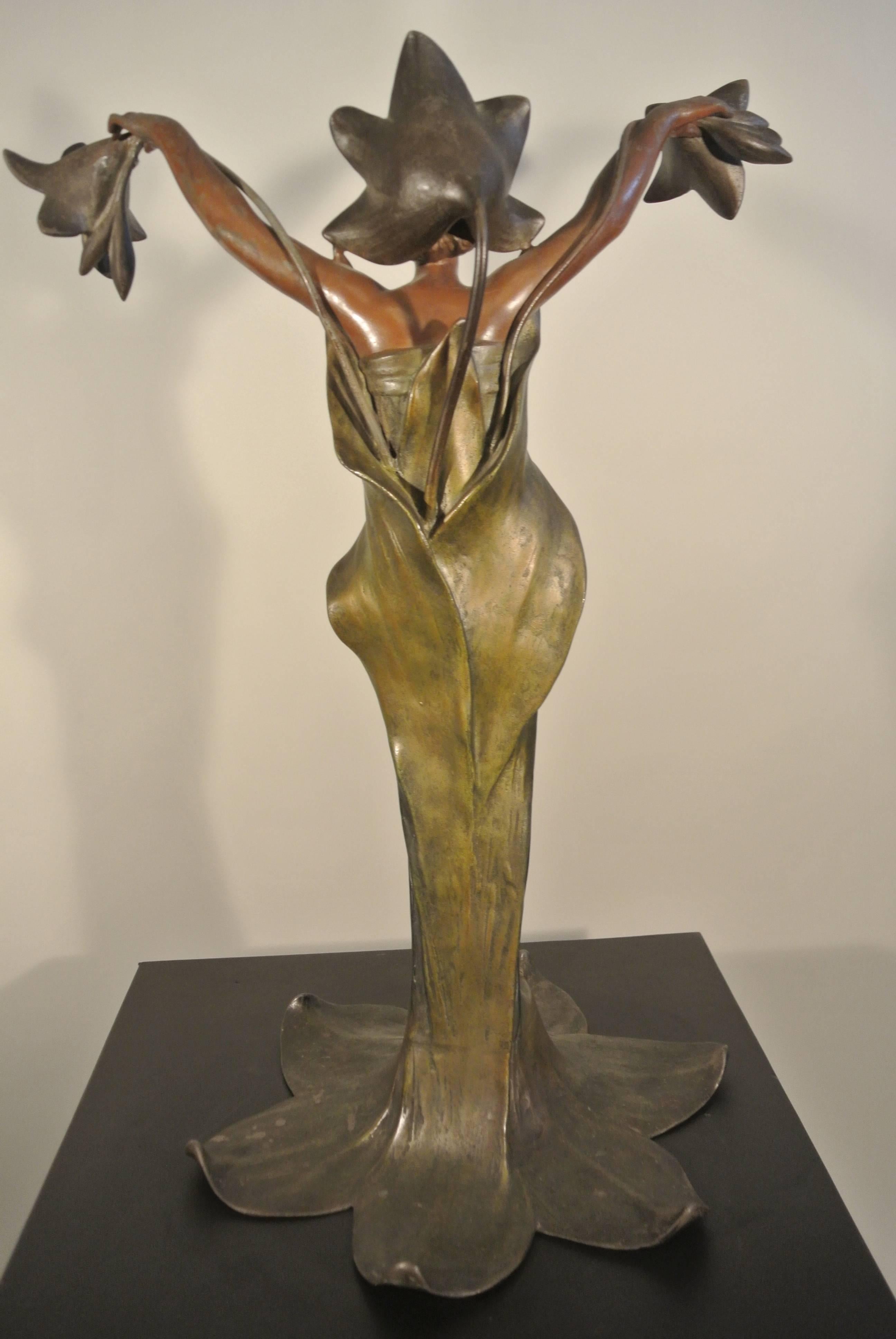 French In Cold Painted Metal, 'Lady of Lilies' Signed J. Causse, circa 1900