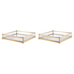 Pair of Square Trays in Patinated Gold Metal, Mirror, and Clear Glass.