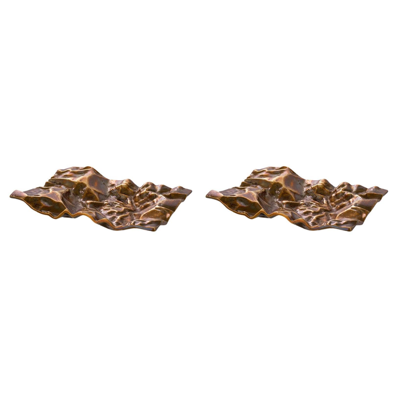 Pair of Patinated Brass Trays, Modern Design.