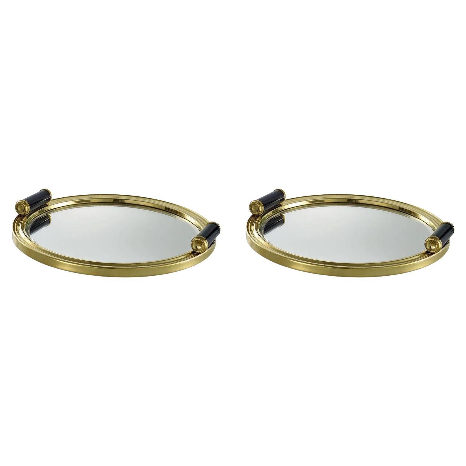 Pair of Trays, Polished Brass, Beveled Mirror. For Sale