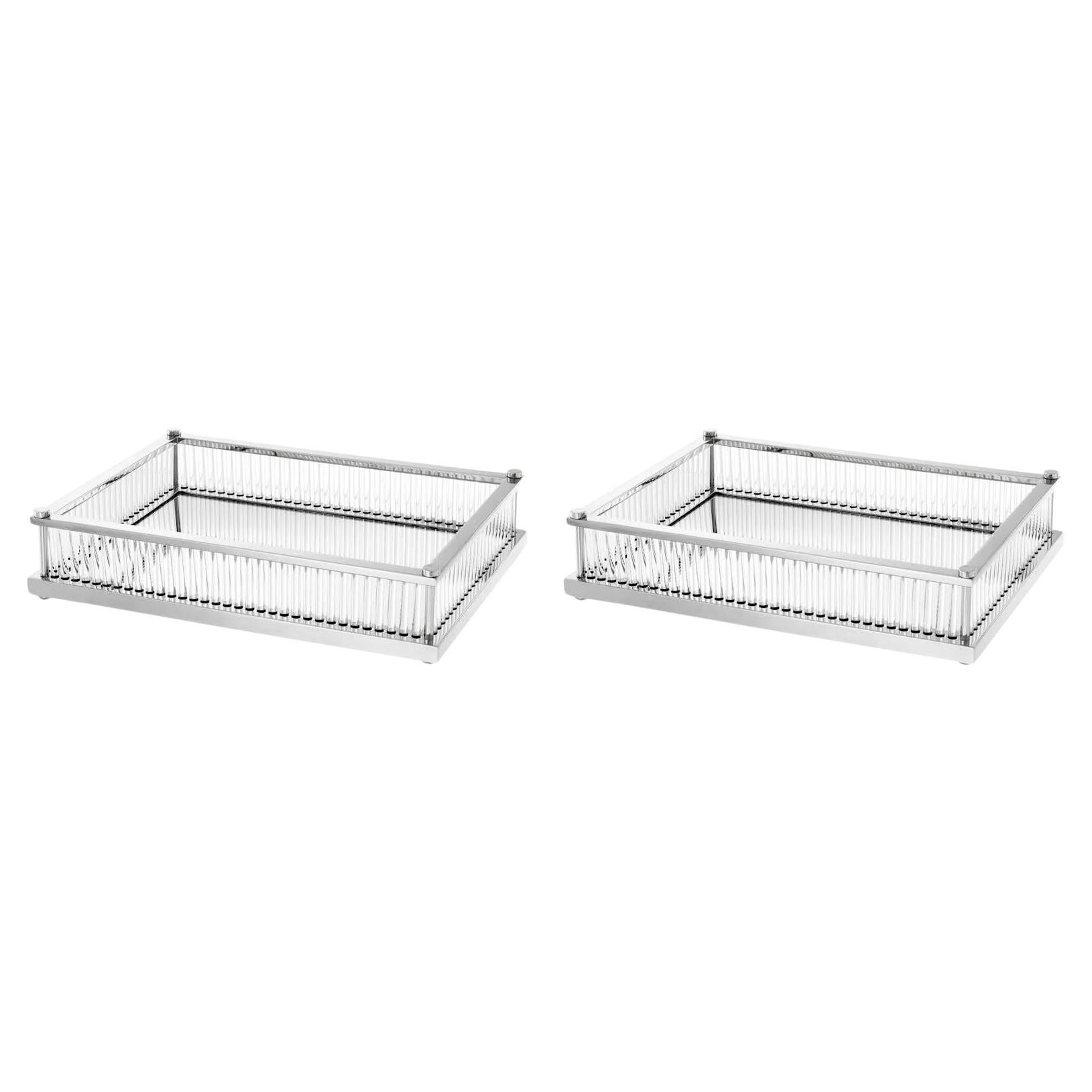 Pair of Rectangular Trays, Silver-Plated Metal, Mirrored Glass, and Clear Glass.