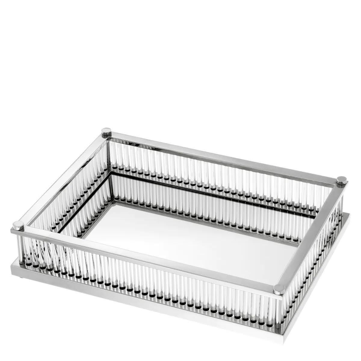 Modern Pair of Rectangular Trays, Silver-Plated Metal, Mirrored Glass, and Clear Glass. For Sale