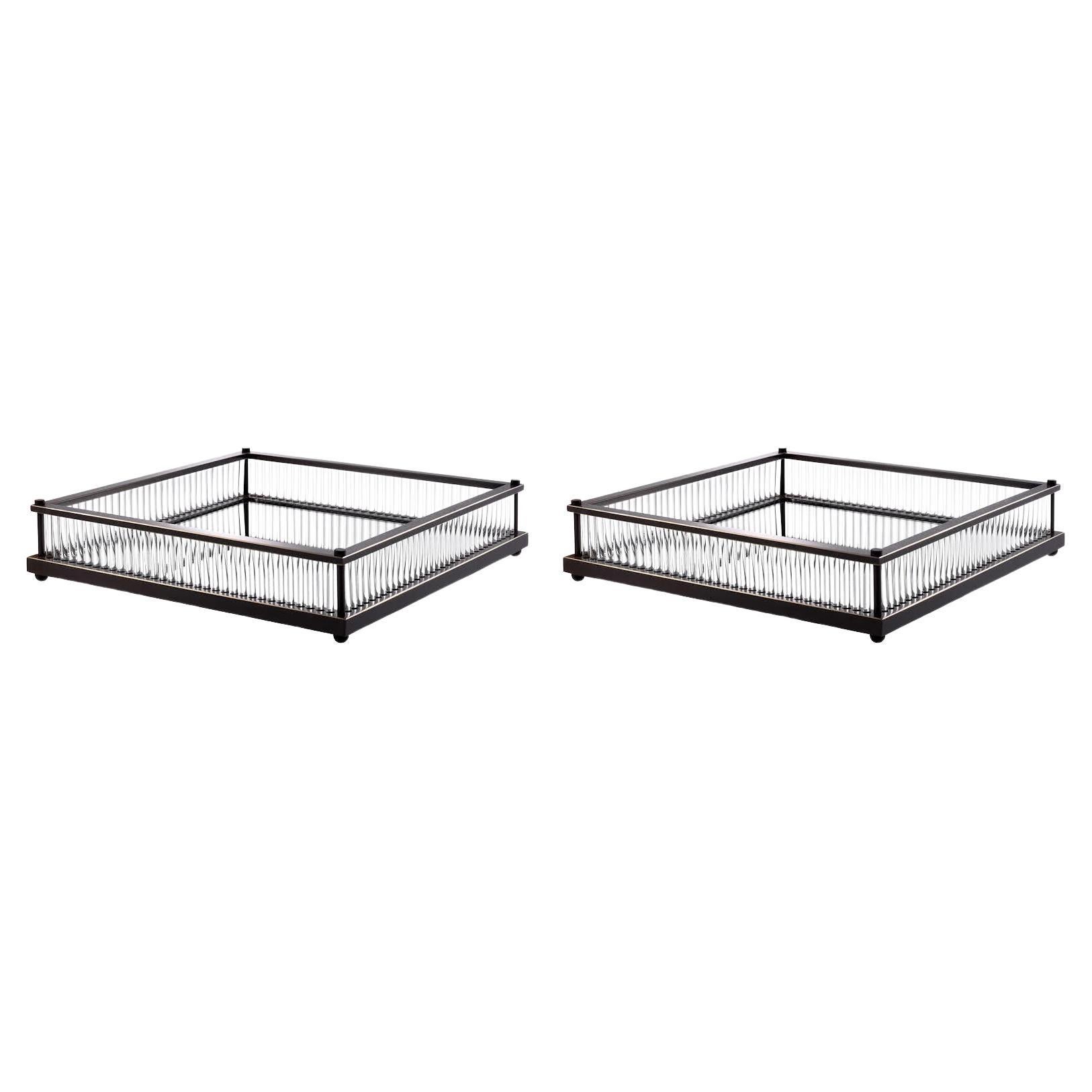 Pair of Square Trays, Bronze Patina, Mirror, and Clear Glass.