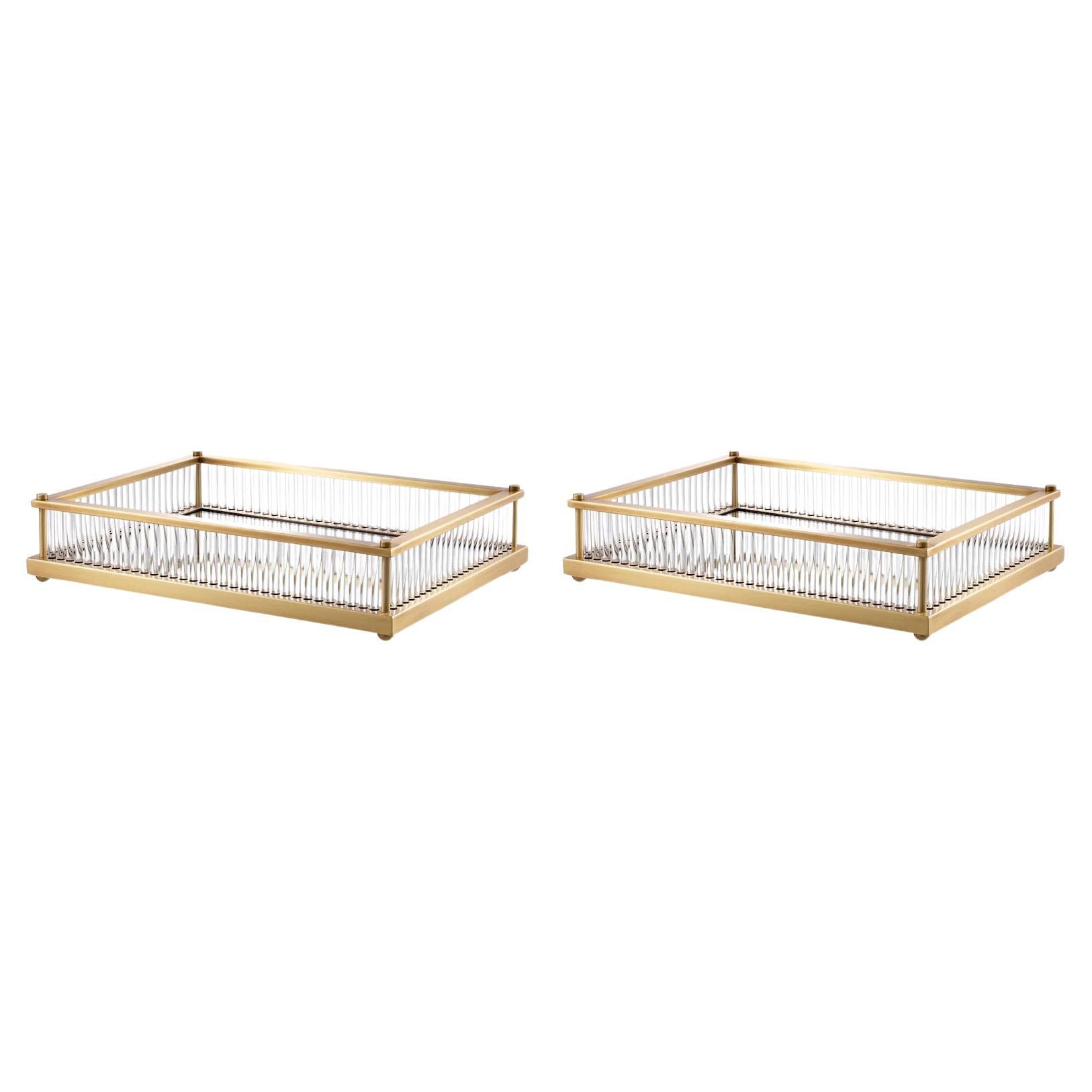 Pair of Rectangular Trays, Patinated Brass, Mirror, and Clear Glass. For Sale