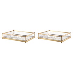 Pair of Rectangular Trays, Patinated Brass, Mirror, and Clear Glass.