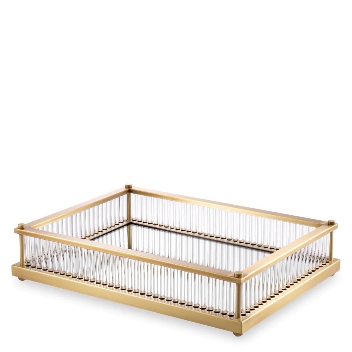 Modern Pair of Rectangular Trays, Patinated Brass, Mirror, and Clear Glass. For Sale
