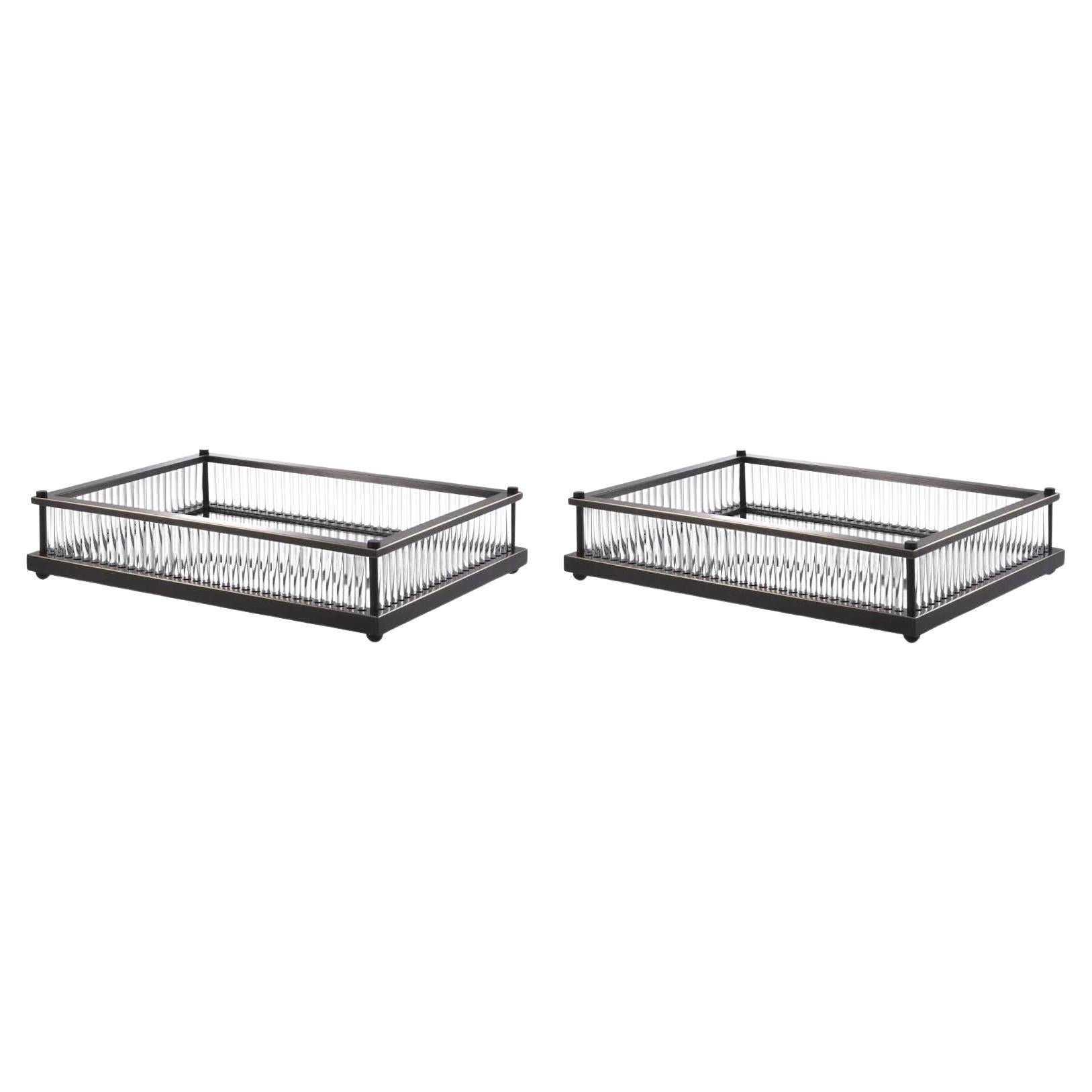Pair of Rectangular Trays, Bronze Patina, Mirror, and Clear Glass.
