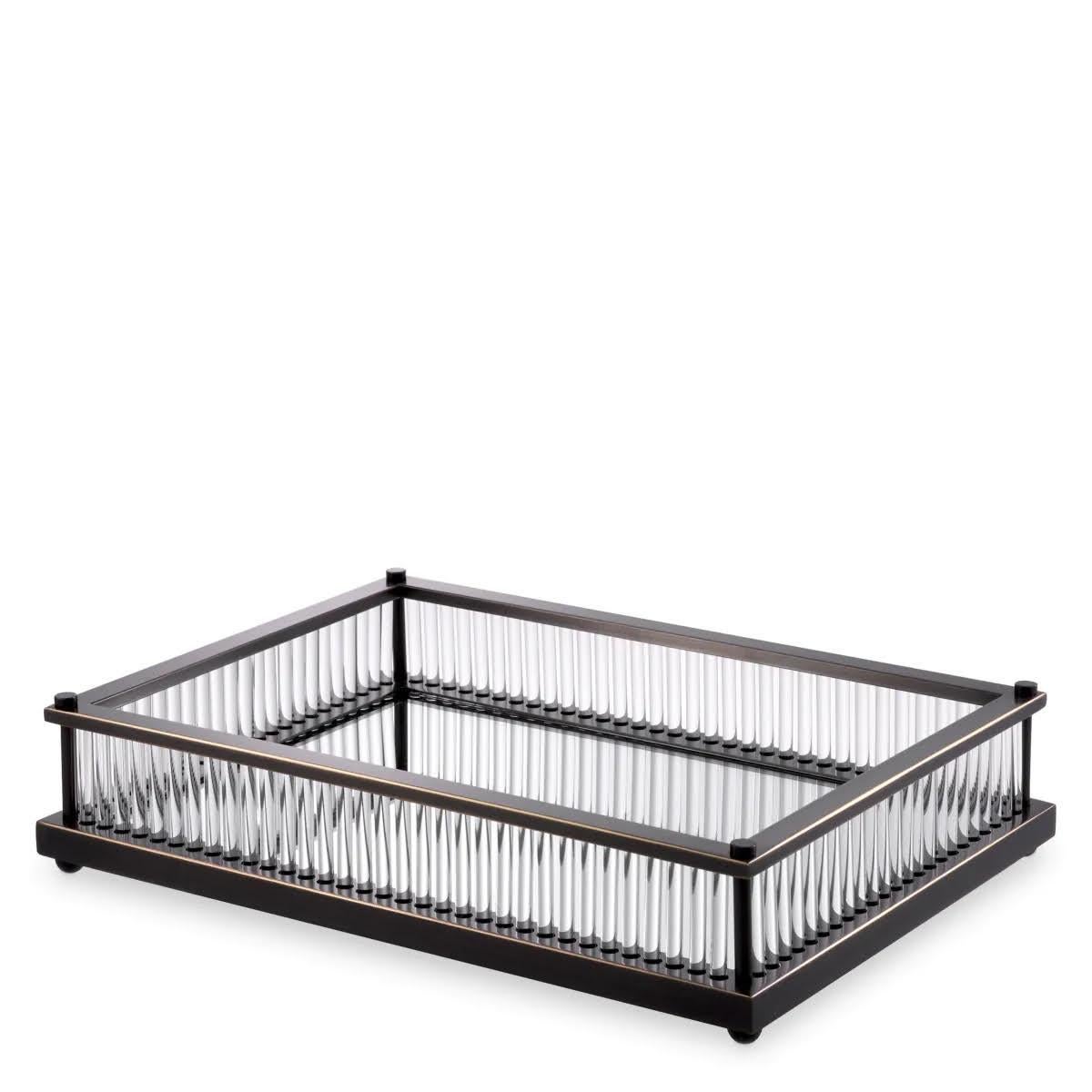 Pair of rectangular trays, bronze patina, mirror, and clear glass.

Embellish your home with this decorative tray.

This elegant square tray, with its mirrored base and clear glass stems, features a bronze patina. Ideal as a tray for your keys or