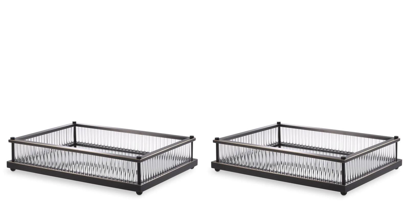 French Pair of Rectangular Trays, Bronze Patina, Mirror, and Clear Glass. For Sale