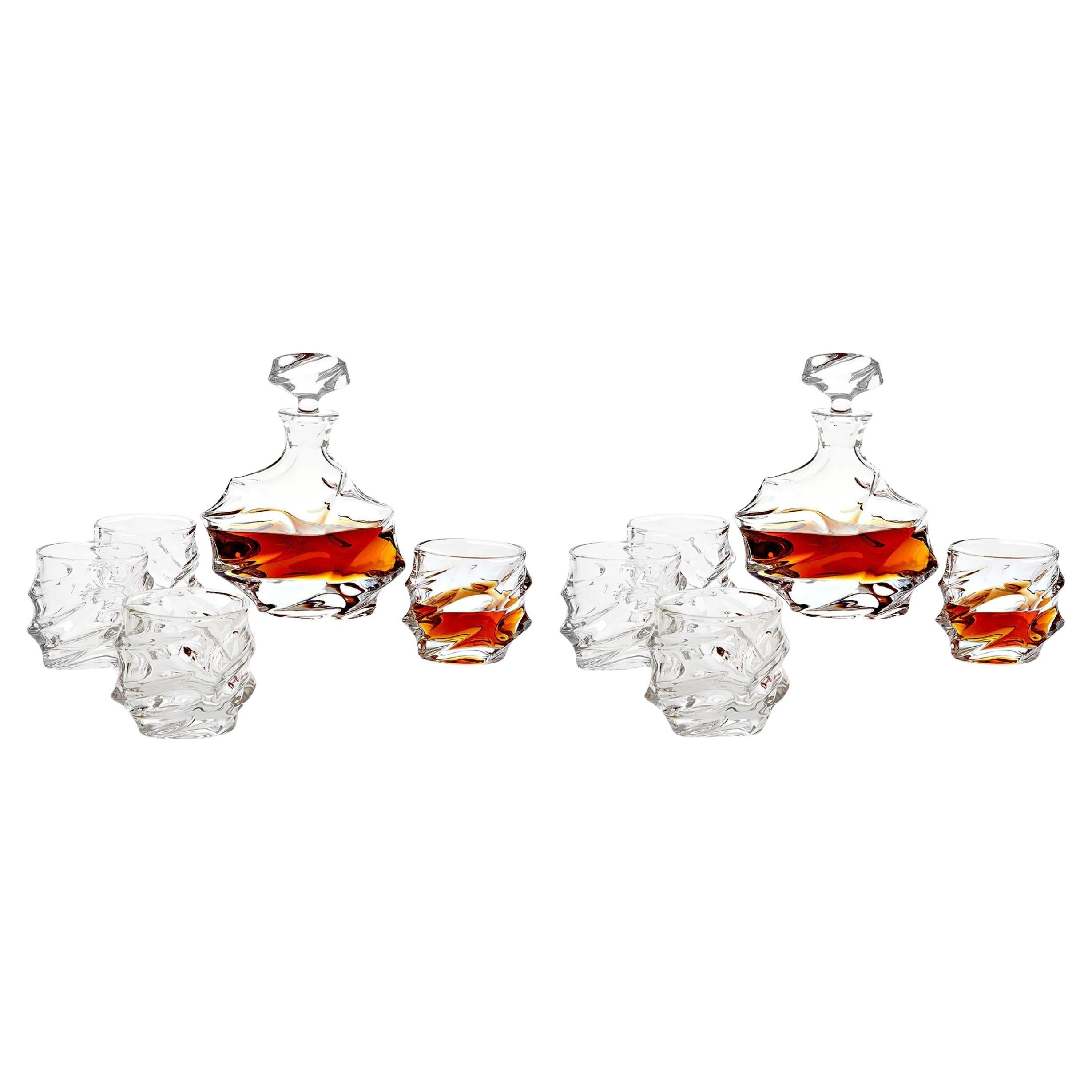 Set of Two 1920s-Style Crystal Decanters and Eight Glasses. For Sale