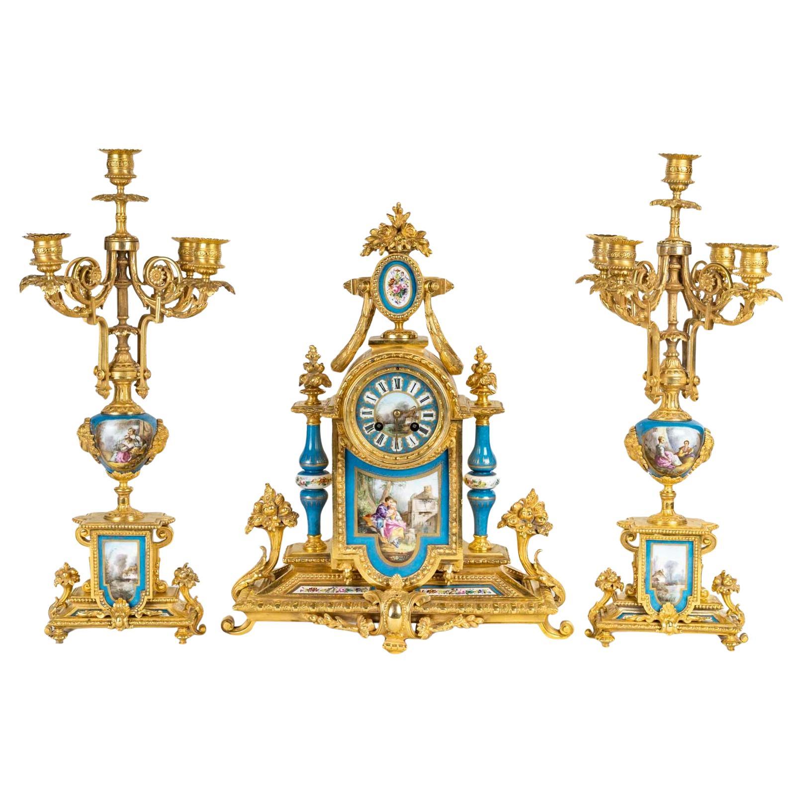 Gilded Bronze and Sèvres Porcelain Mantelpiece Set, Napoleon III Period. For Sale
