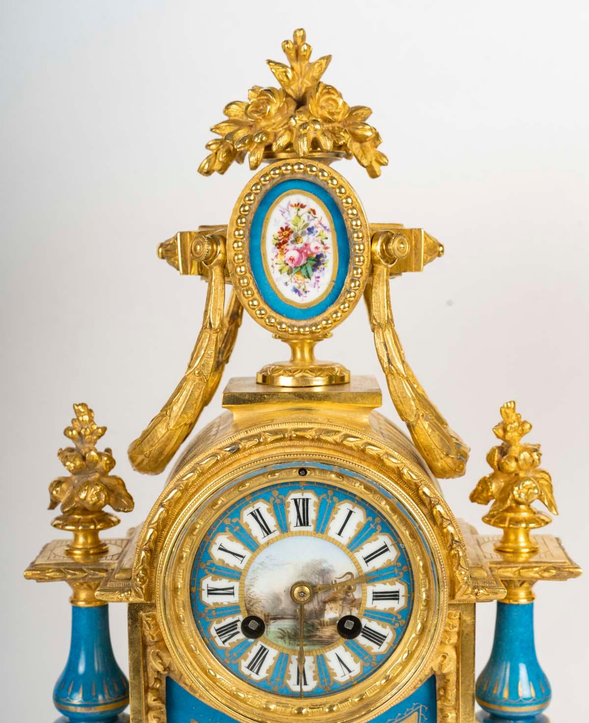 Louis XVI Gilded Bronze and Sèvres Porcelain Mantelpiece Set, Napoleon III Period. For Sale