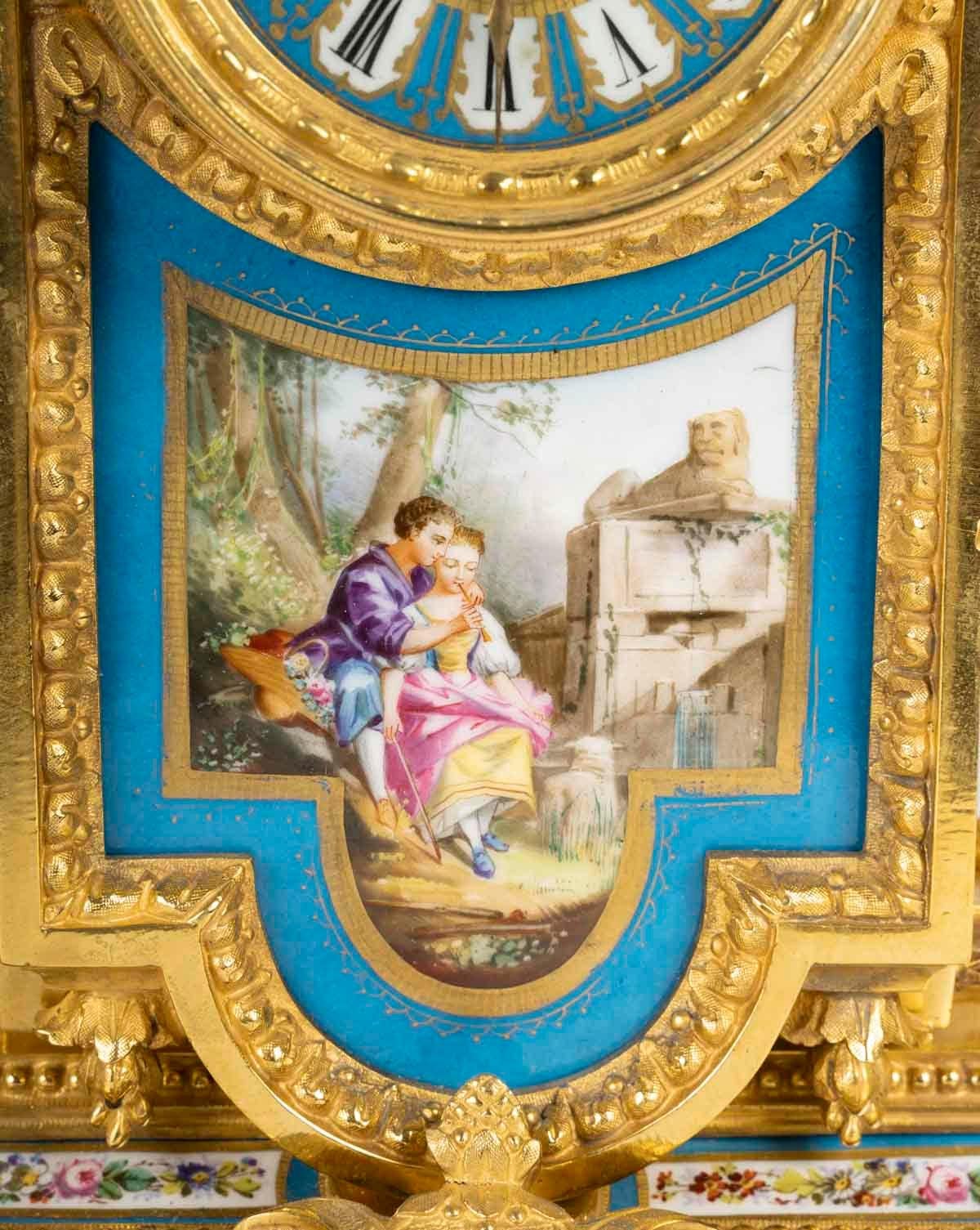 French Gilded Bronze and Sèvres Porcelain Mantelpiece Set, Napoleon III Period. For Sale