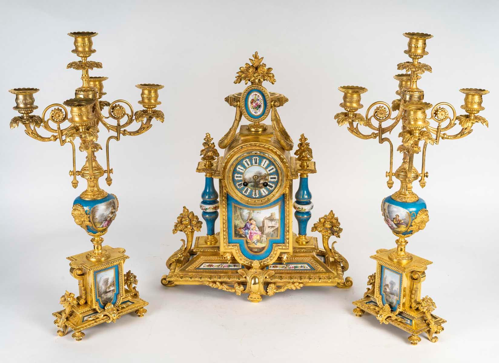 Gilded Bronze and Sèvres Porcelain Mantelpiece Set, Napoleon III Period. For Sale 2