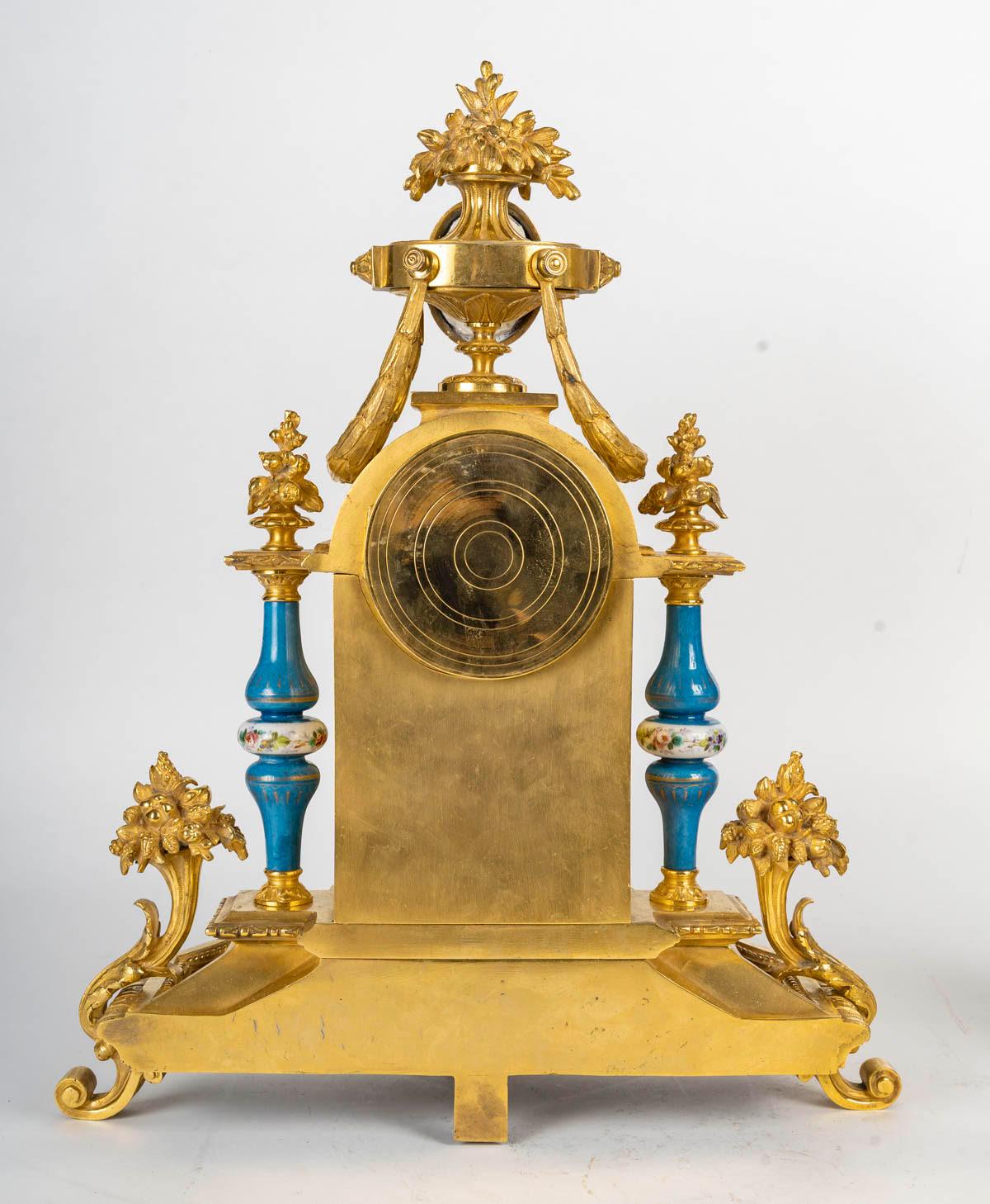 19th Century Gilded Bronze and Sèvres Porcelain Mantelpiece Set, Napoleon III Period. For Sale
