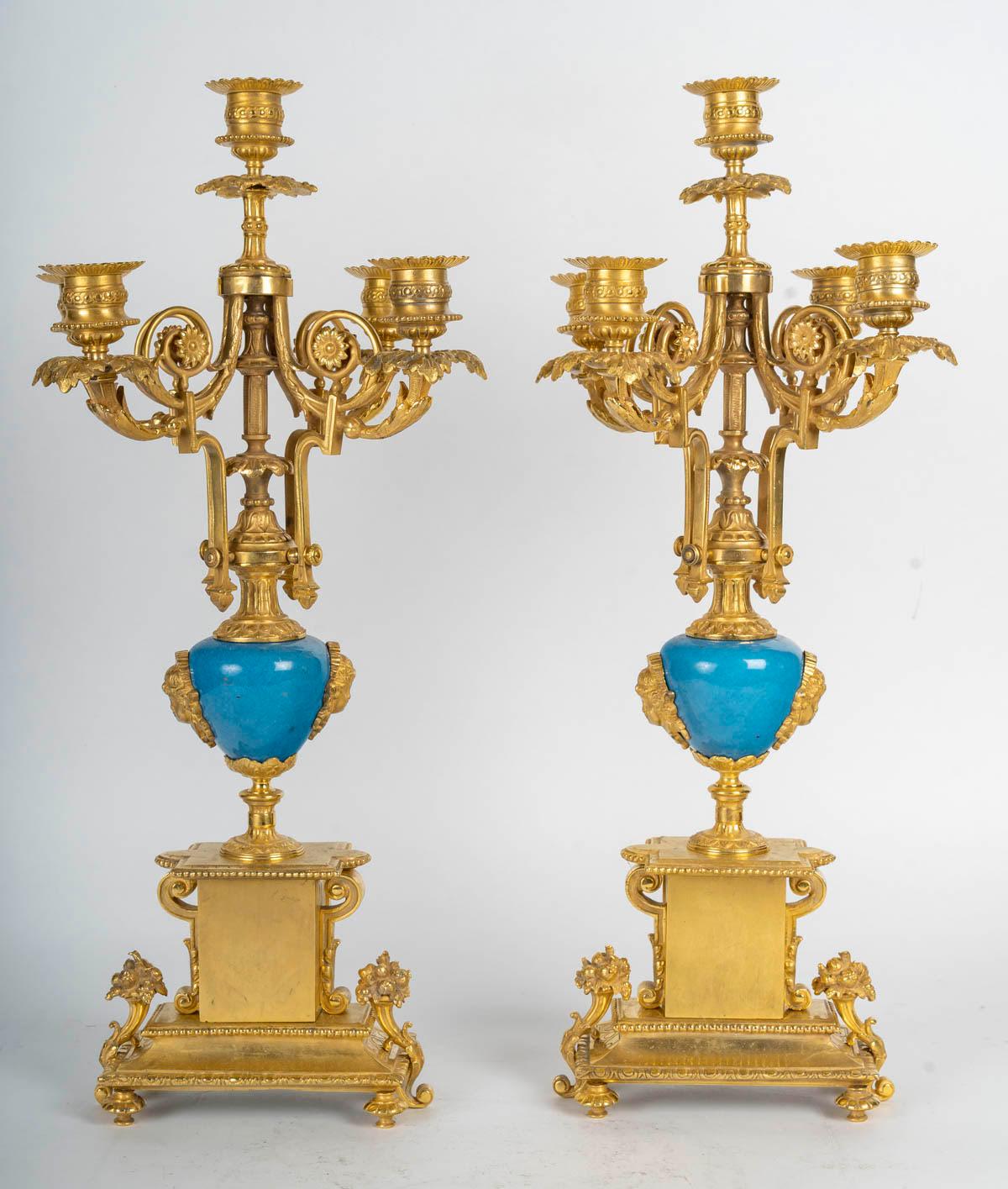 Gilded Bronze and Sèvres Porcelain Mantelpiece Set, Napoleon III Period. For Sale 3