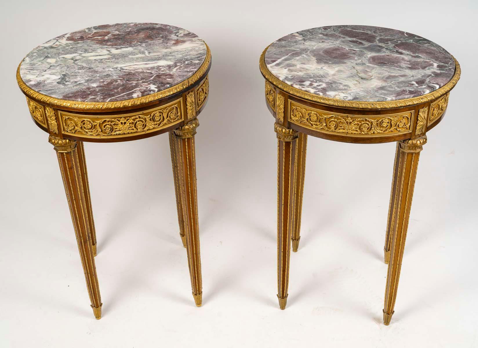 Paire de guéridons de style Louis XVI, période Napoléon III, XIXe siècle. Bon état - En vente à Saint-Ouen, FR