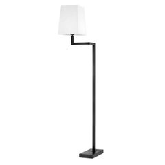 Swing Arm Floor Lamp in Bronze Finish with White Cotton-Linen Shade