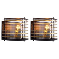 Pair of Contemporary Black and Antique Brass Glass Outdoor Wall Lamp