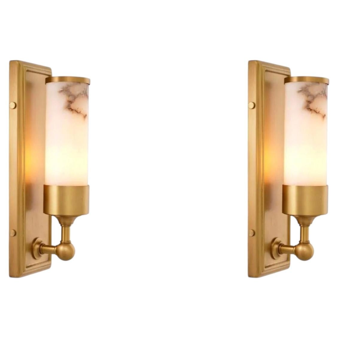 Pair of Contemporary Antique Brass Alabaster Wall Lamp