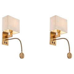 Pair of Contemporary Antique Brass Finish Reading Wall Lamp with Fabric Shade