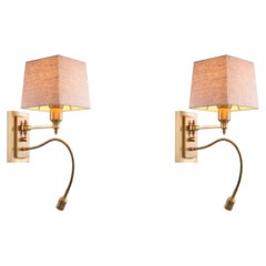 Pair of Contemporary Antique Brass Metal Reading Wall Lamp with Fabric Shade