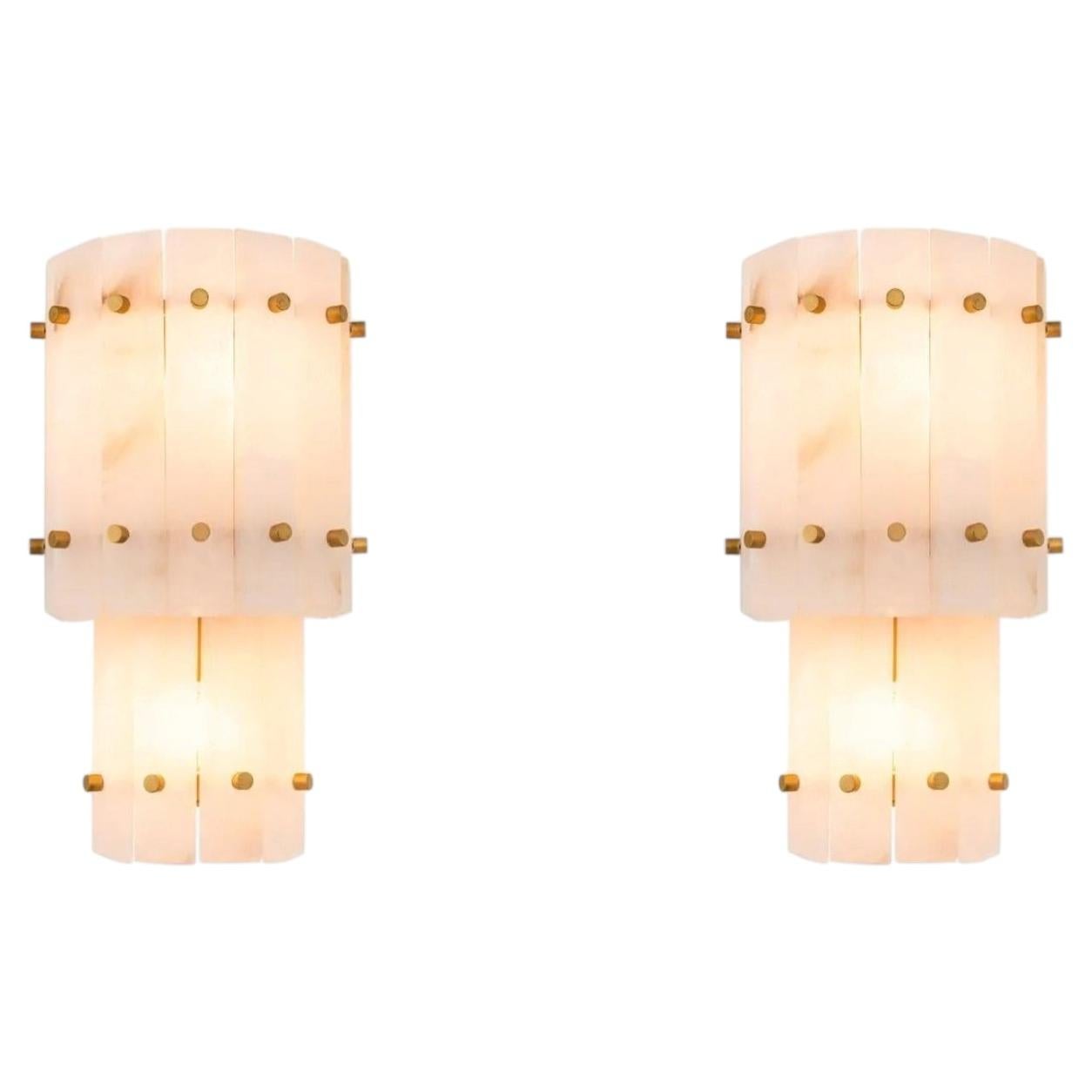 Pair of Contemporary Antique Brass & Alabaster Double Wall Lamp