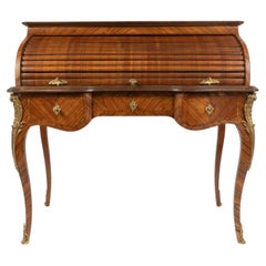 Cylinder Desk, Napoleon III Period, In Rosewood Marquetry and Gilded Bronze.