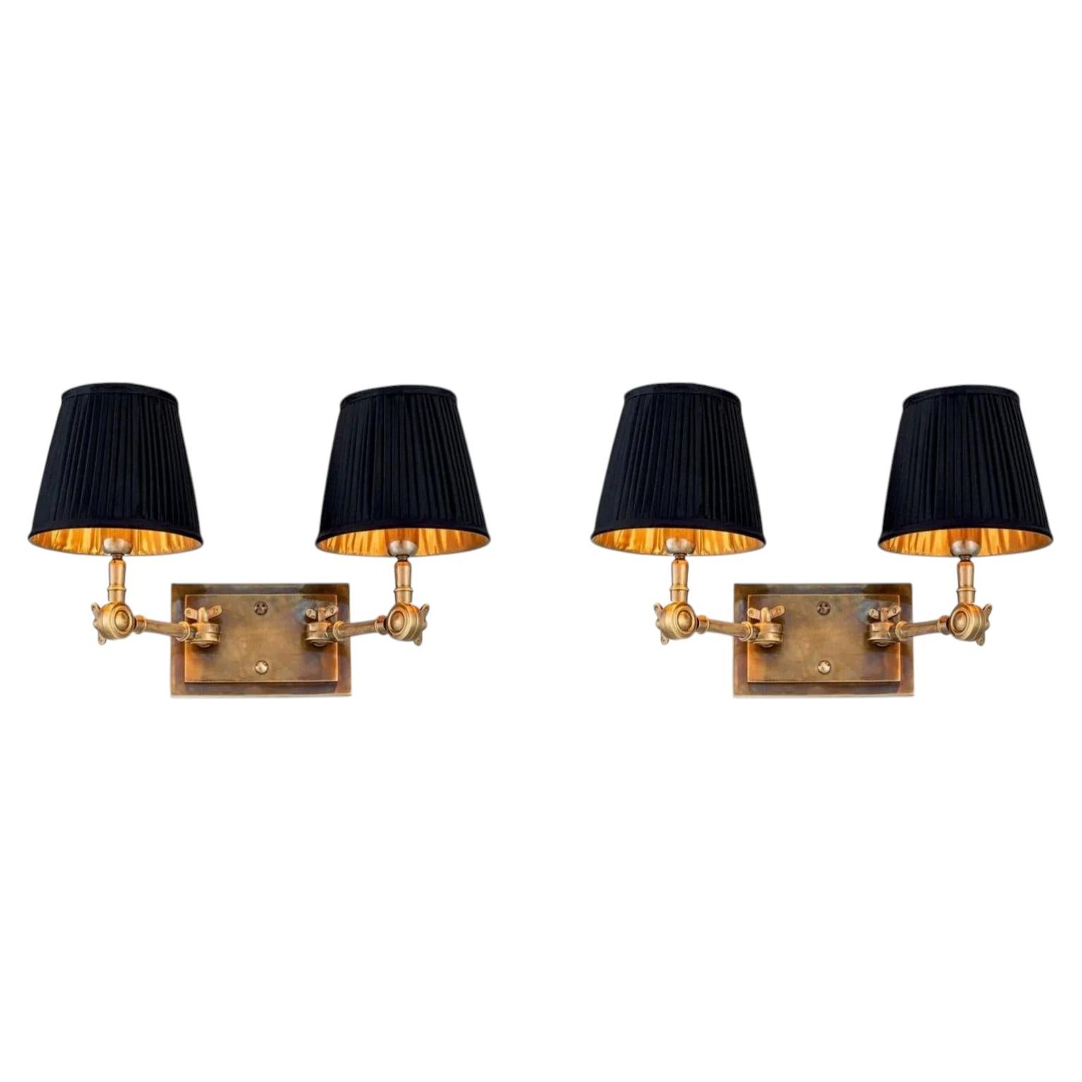 Pair of Contemporary Vintage Brass Metal Double Wall Lamp with Black Fabric