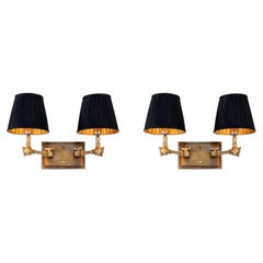 Pair of Contemporary Vintage Brass Metal Double Wall Lamp with Black Fabric