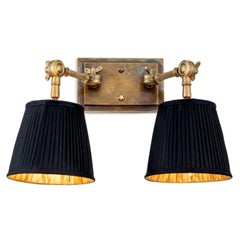 Pair of Contemporary Vintage Brass Metal Double Wall Lamp with Black Fabric