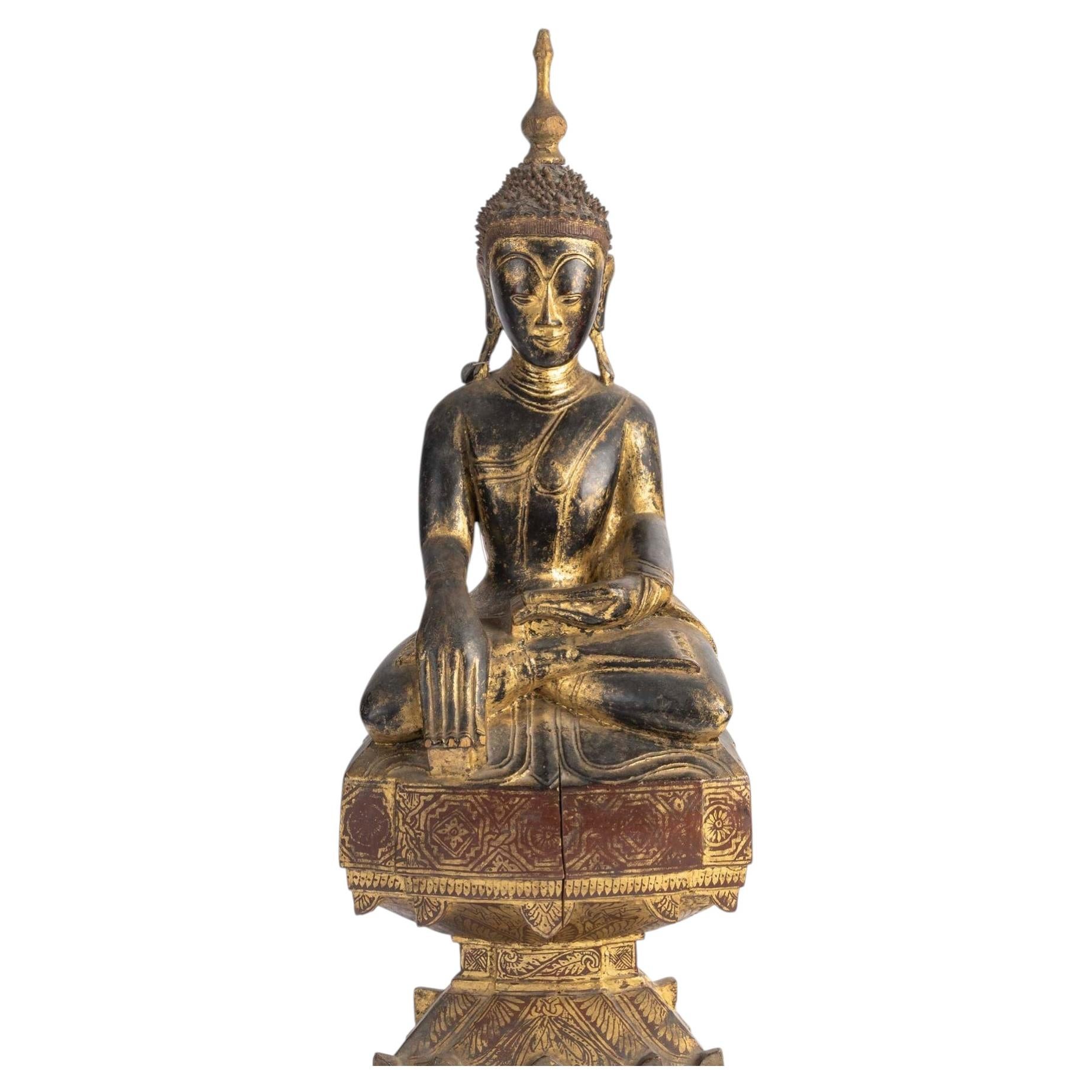 19th Century Lacquered and Gilded Wooden Sculpture of a Seated Buddha.