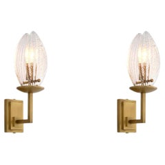 Pair of Contemporary Antique Brass & Ribbed Glass Wall Lamp