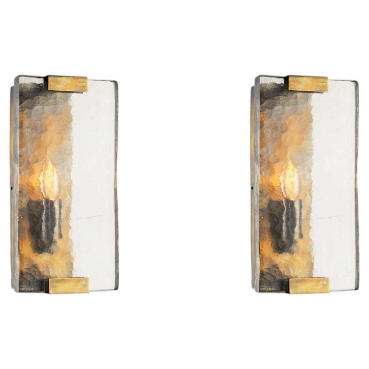 Pair of Wall Lamp in Vintage Brass and Handblown Glass