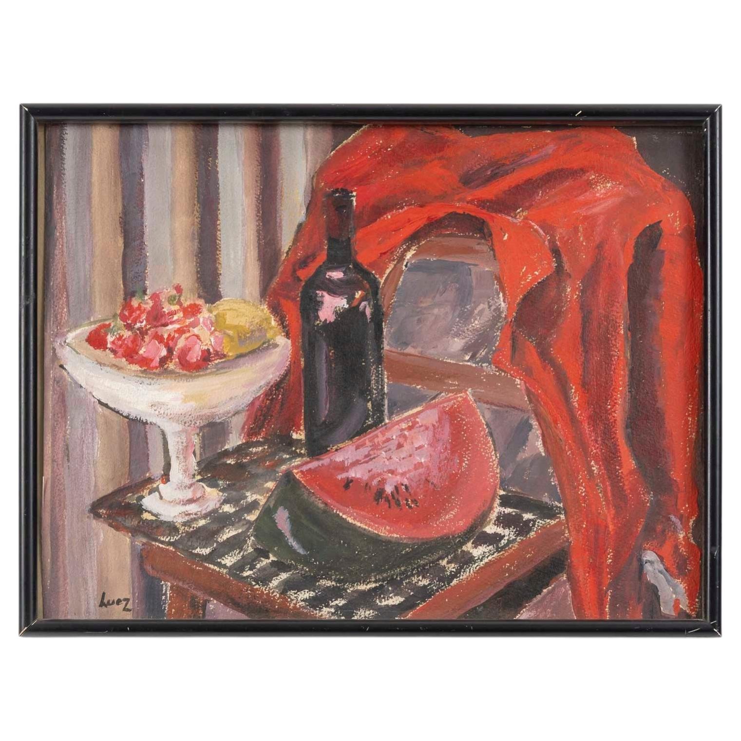 Watercolor on Paper Depicting a Still Life by Evelyne Luez, 20th Century.