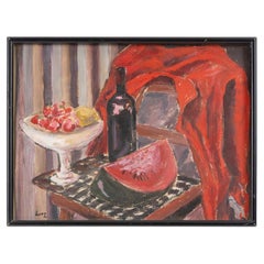 Aquarelle sur papier représentant une nature morte, d'Evelyne Luez, XXe siècle.