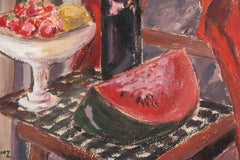 Aquarelle sur papier représentant une nature morte, d'Evelyne Luez, XXe siècle.