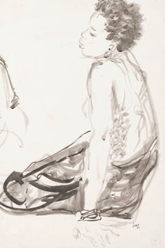 Watercolor on Paper of a Seated African Woman by Evelyne Luez, 20th Century.