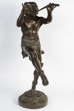 Large Bronze Sculpture by E. Piron, "The Piper", in Patinated Bronze, Circa 1900