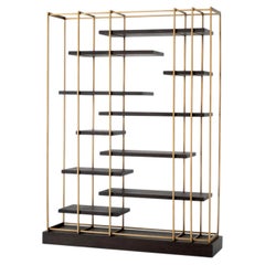 Cabinet in Coffee Oak Veneer and Brushed Brass Finish, Contemporary Style