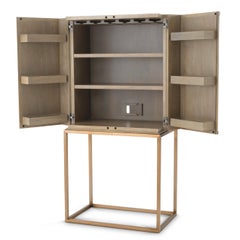 Bar Cabinet in Washed Oak Veneer and Brushed Brass Finish, Modern Style