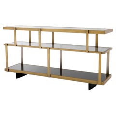 Cabinet in Brushed Brass Finish, Smoke Glass and Black Glass, Industrial Style