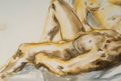 Watercolor on Paper Depicting Two Reclining Women by Evelyne Luez, 20th Century.