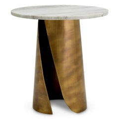 Pair of Round Side Tables in White Marble and Vintage Brass Finish