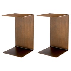 Pair of Square Side Tables in Brushed Brass Finish, Contemporary Style