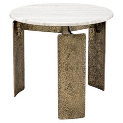 Side Table in Beige Marble and Antique Brass Finish, Contemporary Style