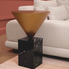 Round Side Table in Black Marble and Brushed Brass Finish, Contemporary Style