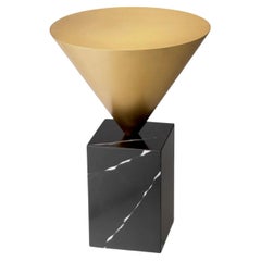 Round Side Table in Black Marble and Brushed Brass Finish, Contemporary Style