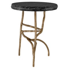 Round Side Table in Grey Marble and Vintage Brass Finish, Contemporary Style